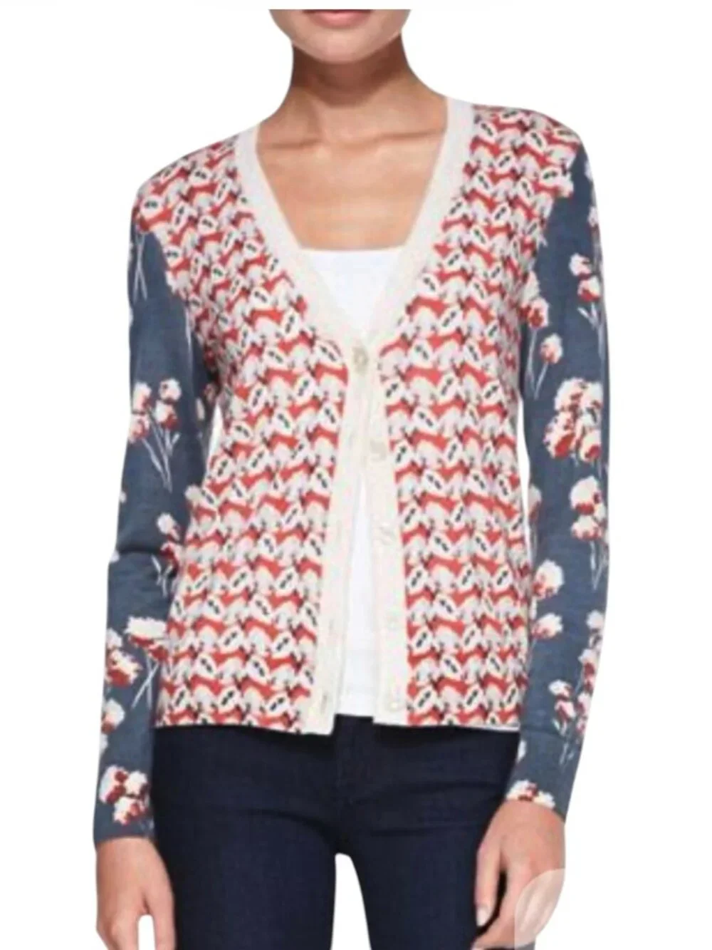 Tory Burch XL Peyton Mixed Floral Printed Merino Wool Button Down Cardigan